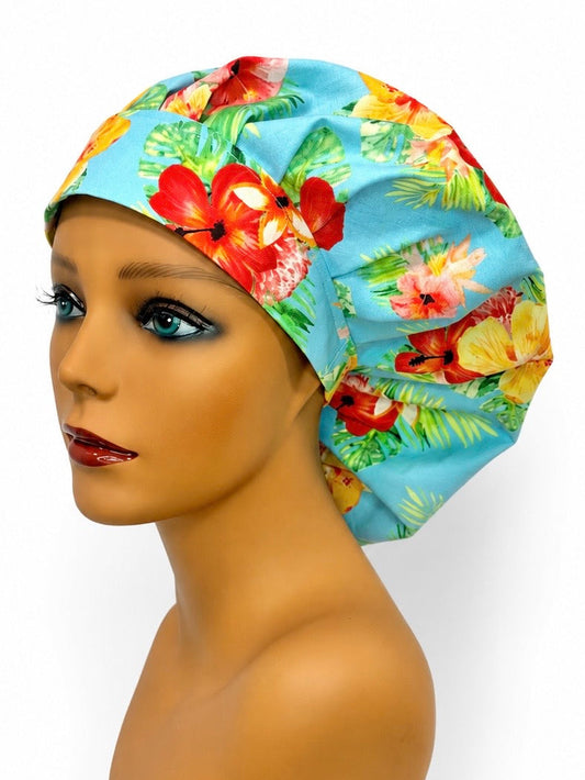 Women’s Bouffant Scrub Cap, Tropical Hibiscus Floral Beach Print