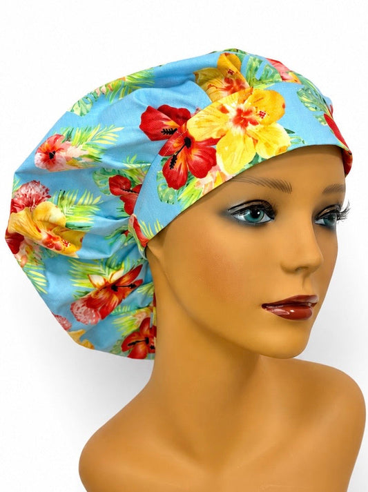 Women’s Bouffant Scrub Cap, Tropical Hibiscus Floral Beach Print
